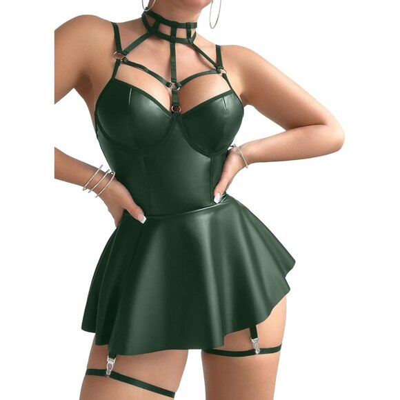 Women Green Strappy Leather Underwire Choker Garter Belt Lingerie Set Dress - Picture 3 of 6